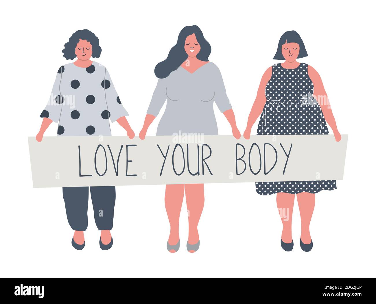 Plump Frauen stehen zusammen und halten ein Poster "Love Your Body". Mädchen in Übergröße. Body positive Konzept. Vektor-Illustration in flacher funky Stil. Stock Vektor