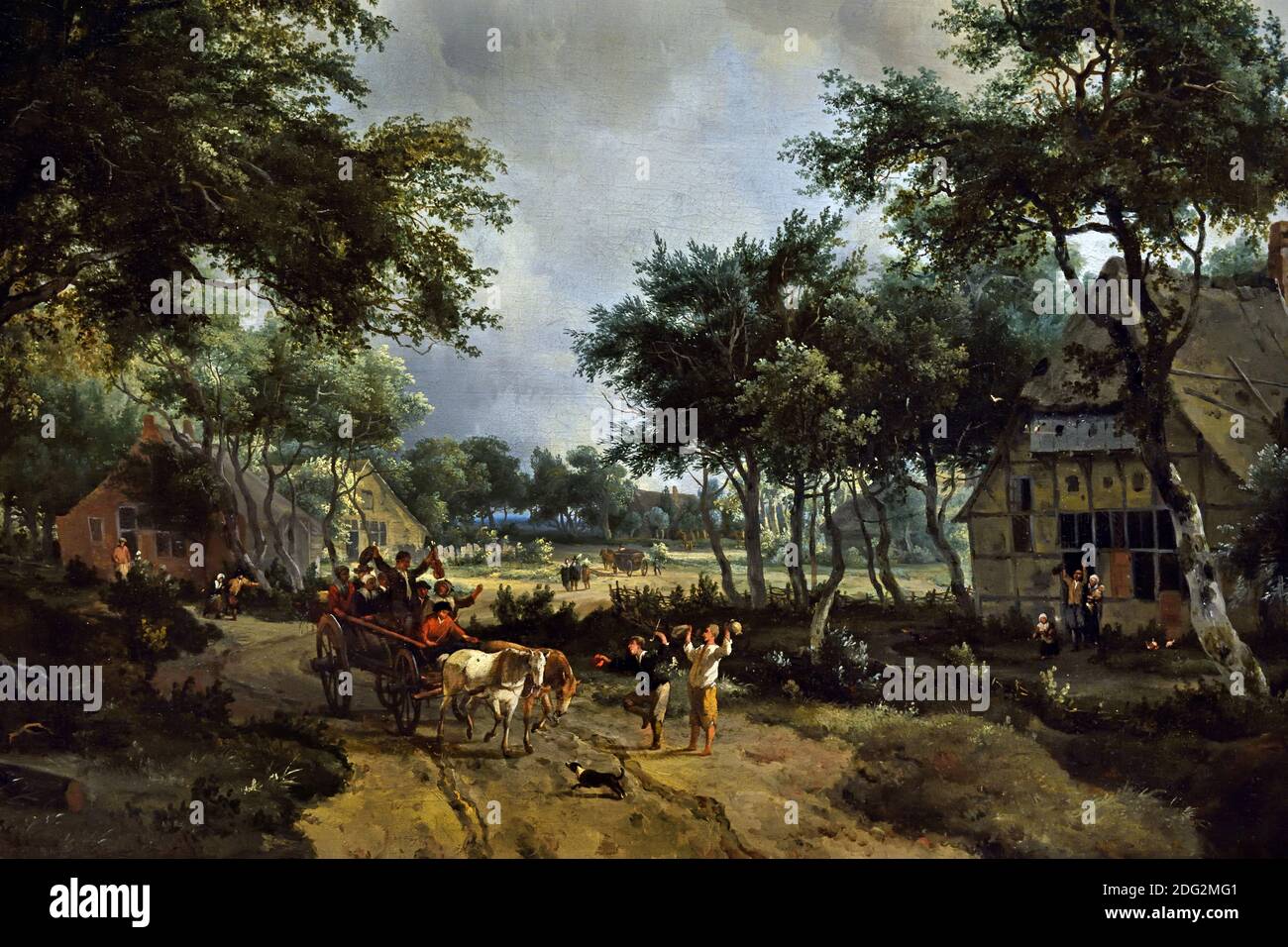 Waldlandschaft mit Merrymakern im Wagen 1665 von Meindert Hobbema (1638 – 1709) Holländischer Landschaftsmaler des Goldenen Zeitalters, Niederlande, Stockfoto