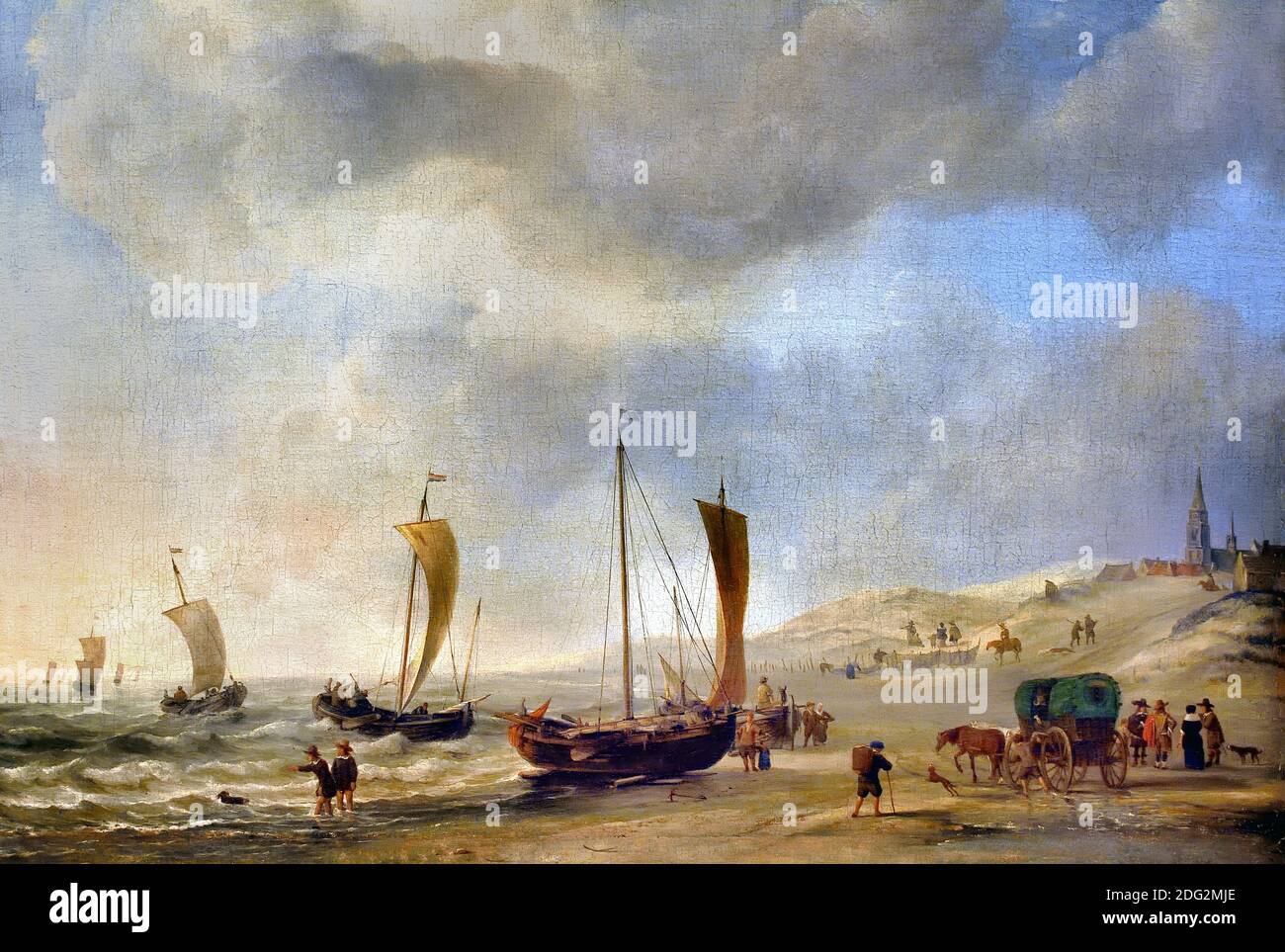 Das Ufer in Scheveningen, ein ikonisches Ölgemälde aus dem niederländischen Goldenen Zeitalter des 17. Jahrhunderts, entstanden um 1660 von Willem van de Velde dem Jüngeren und Adriaen van de Velde. Niederlande, Niederländisch, Holland Stockfoto