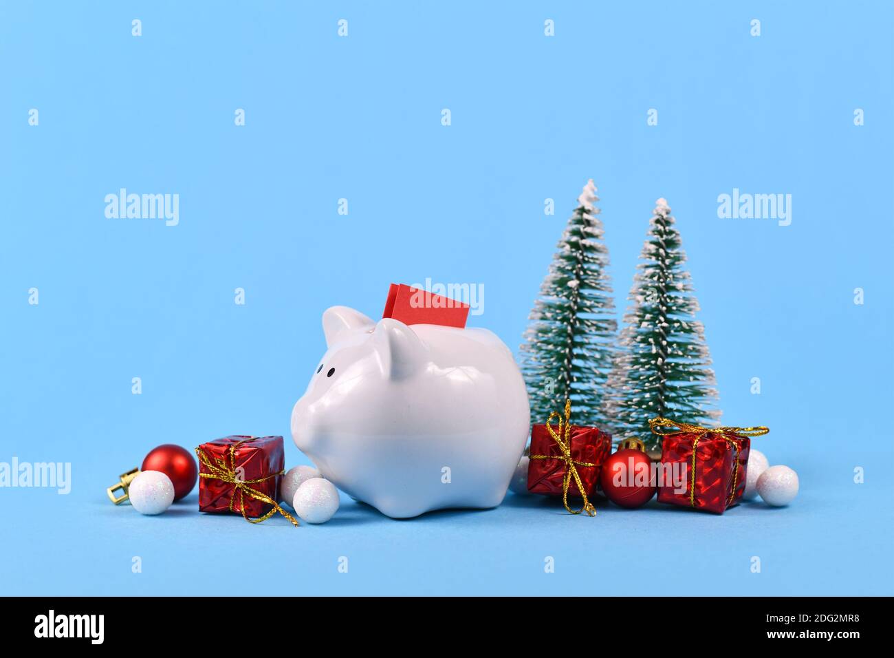 Konzept für Weihnachtsgutschein Schenken und Ersparnisse zeigen weiß Sparschwein mit rotem Coupon, umgeben von saisonalen Ornamenten Blauer Hintergrund Stockfoto