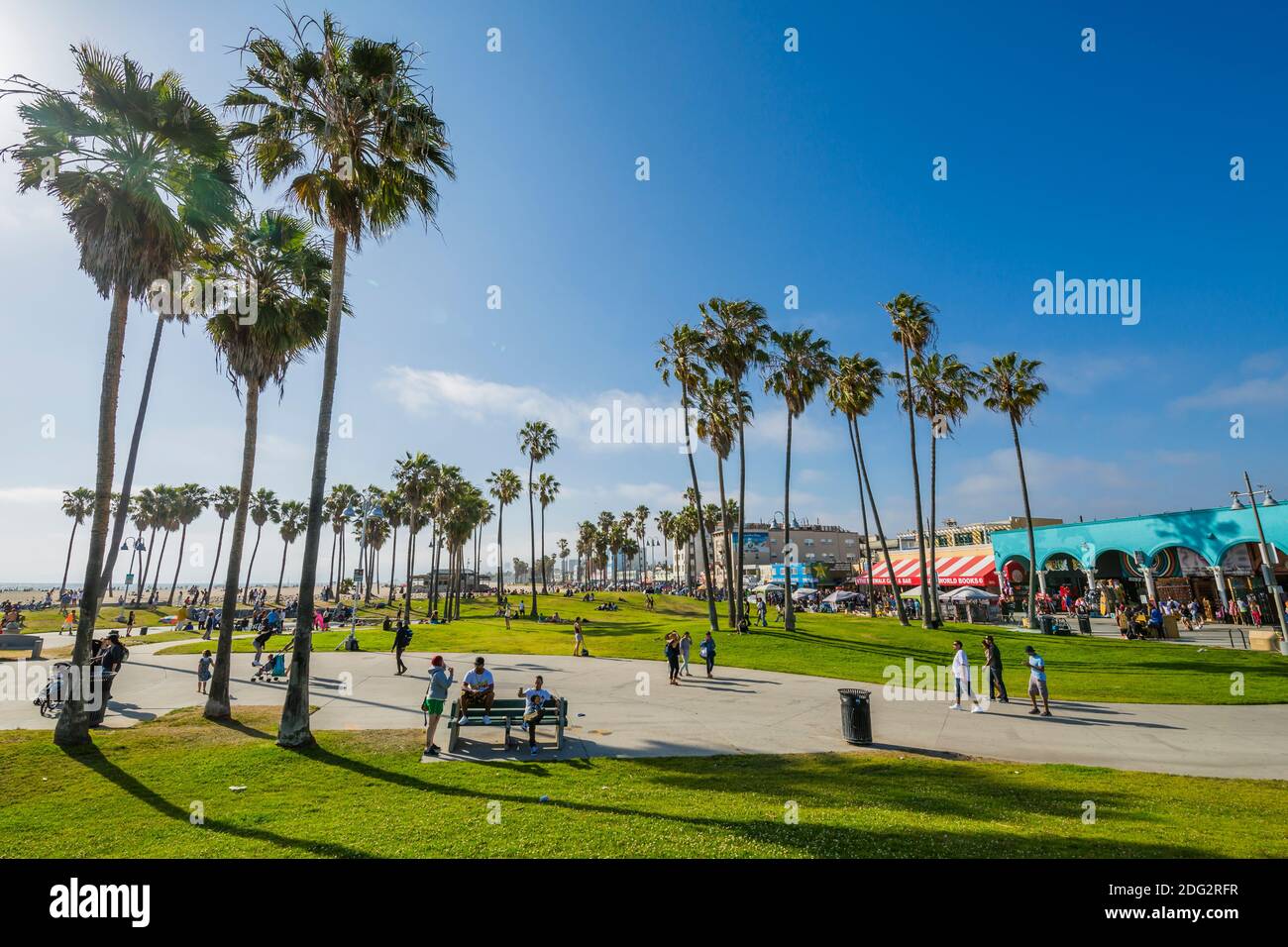 Blick auf Palmen und Besucher am Ocean Front Walk in Venice Beach, Los Angeles, Kalifornien, Vereinigte Staaten von Amerika, Nordamerika Stockfoto