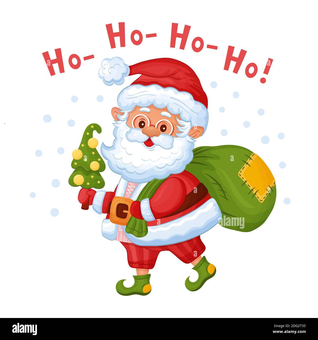 Lustige Cartoon Weihnachtsmann. Fröhlicher Charakter mit Weihnachtsbaum und Geschenktüte. Großvater liefert Neujahrsgeschenke an Kinder. Isolierter Vektor Stock Vektor