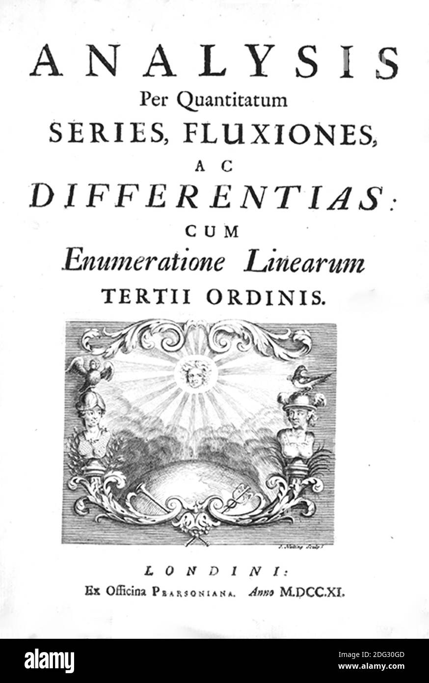 ISAAC NEWTON (1642-1726/7) englischer Mathematiker, Physiker, Theologe und Autor. Titelseite seiner Arbeit 1711 über Kalkül. Stockfoto