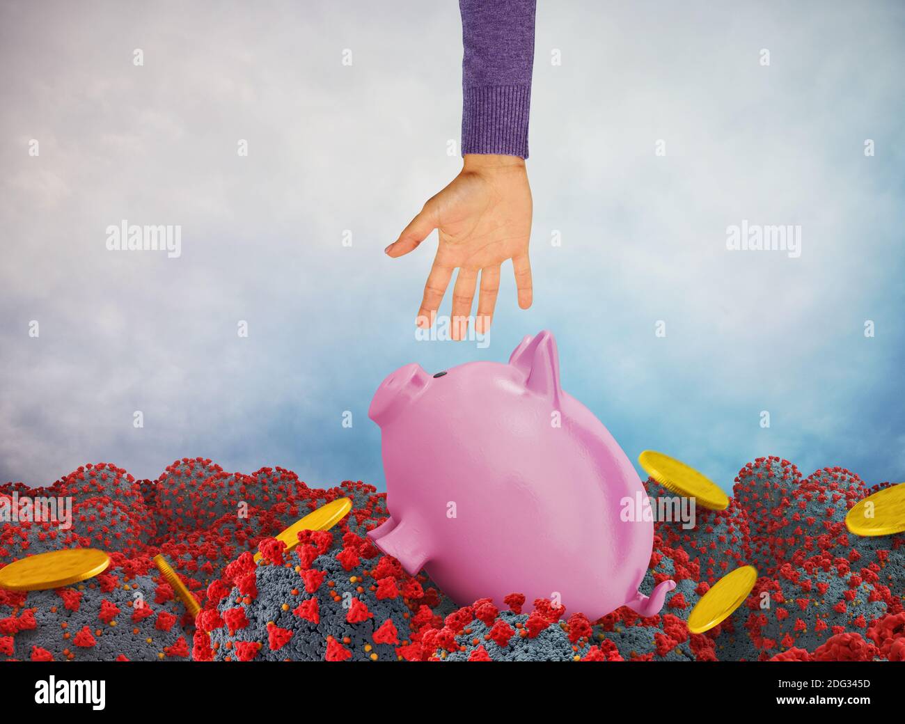 Das verzweifelte Sparschwein ertrinkt in einem Meer von Covid-19-Viren und braucht Hilfe. Konzept der globalen Krise durch das Coronavirus erzeugt. Stockfoto
