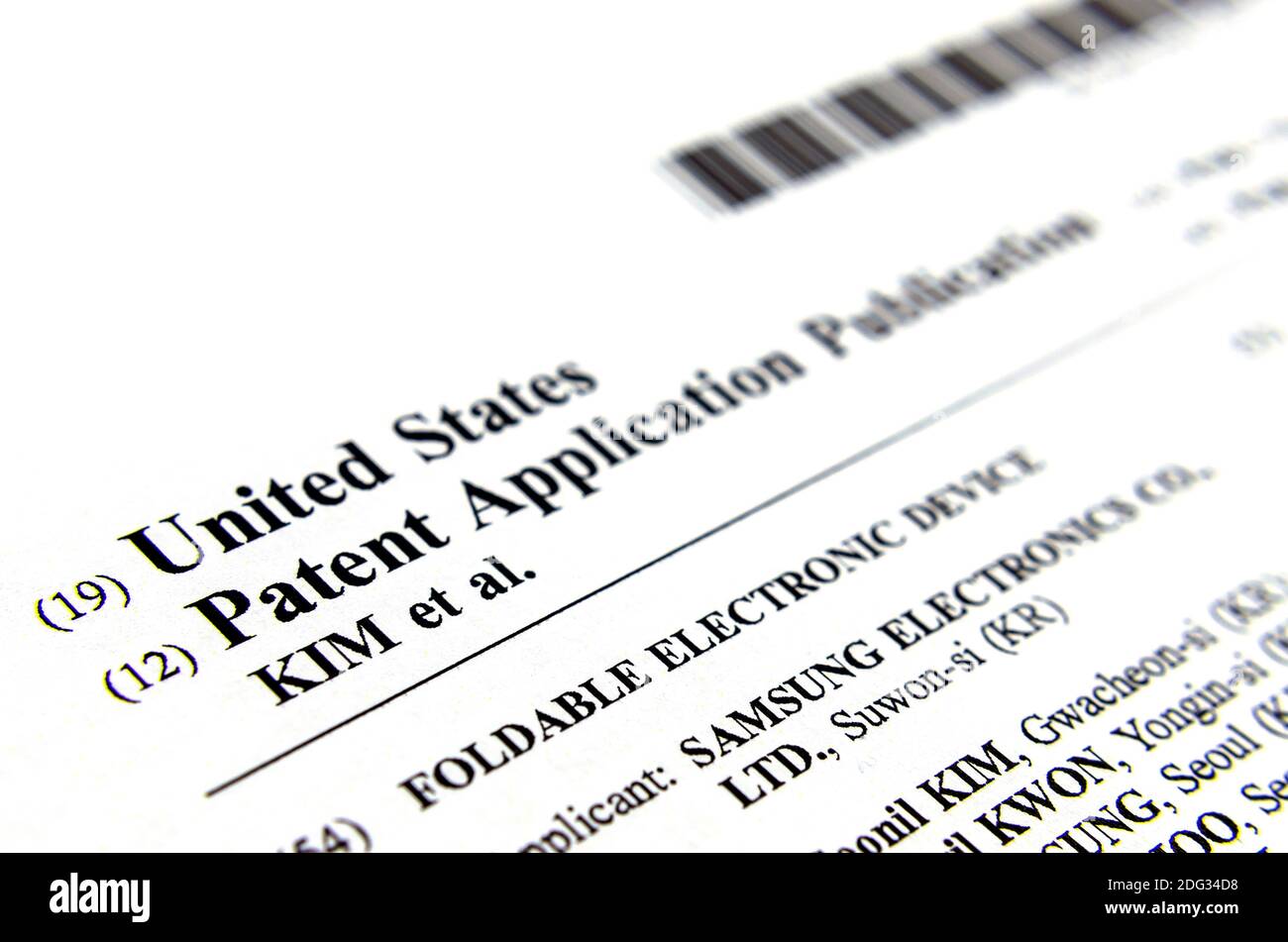 Stone, Staffordshire UK - November 19 2019: Authentische Papierkopie der Vereinigten Staaten Patentanmeldung auf Erfindung genannt "FALTBARE ELEKTRONISCHE GERÄT" Stockfoto