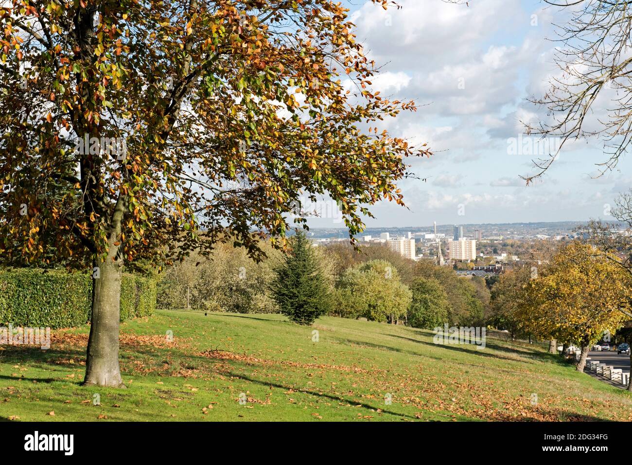 Alexandra Park Blick nach Osten mit Baum- und Stadtbild, London Borough of Haringey Stockfoto
