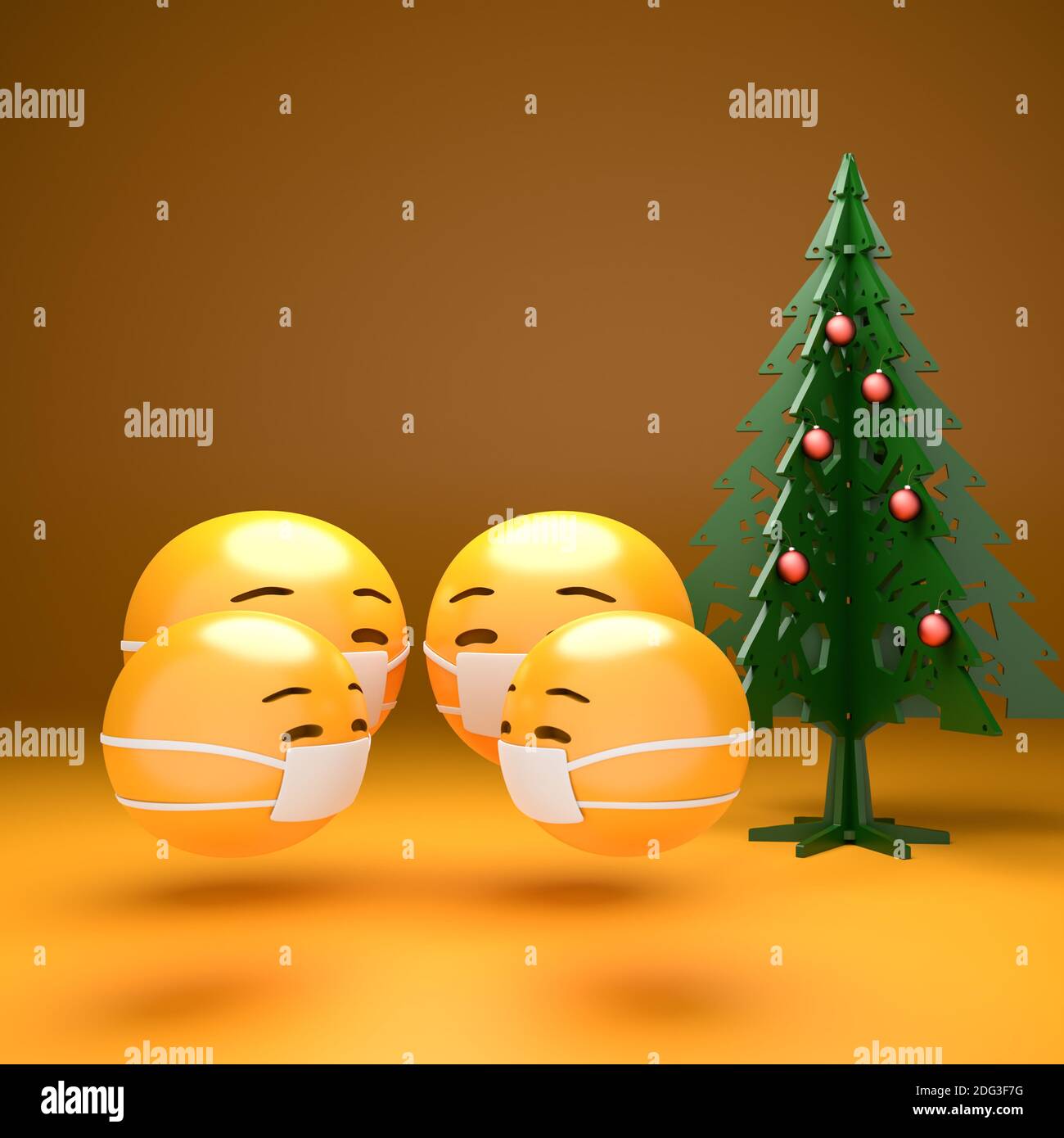 Eine Familie von vier Emoji-Gesichtern mit Gesichtsmaske vor einem weihnachtsbaum. Weihnachten in Zeiten der Corona Konzept Stockfoto