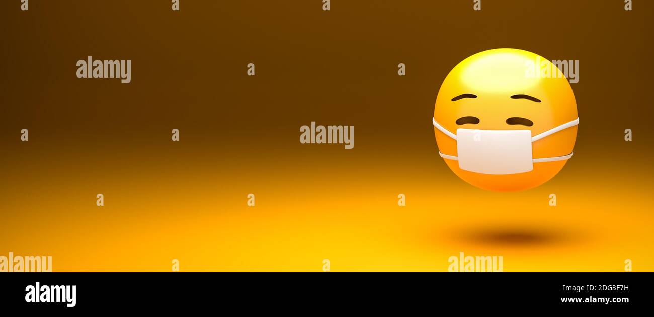 3d-Emoji-Gesicht mit Gesichtsmaske. Größe des Webbanners. Stockfoto