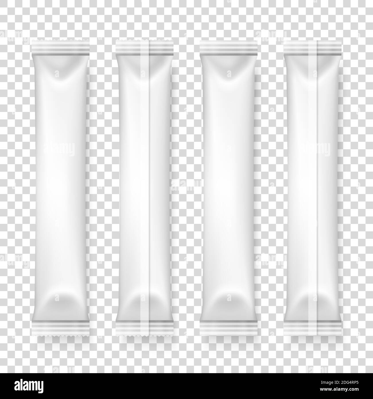 Vector 3d realistische weiße Kunststoff oder Papier lange dünne Blank Verpackung Set isoliert. Drogen, Kaffee, Salz, Zucker, Pfeffer, Gewürze, Beutel, Süßigkeiten Wrapper Stock Vektor