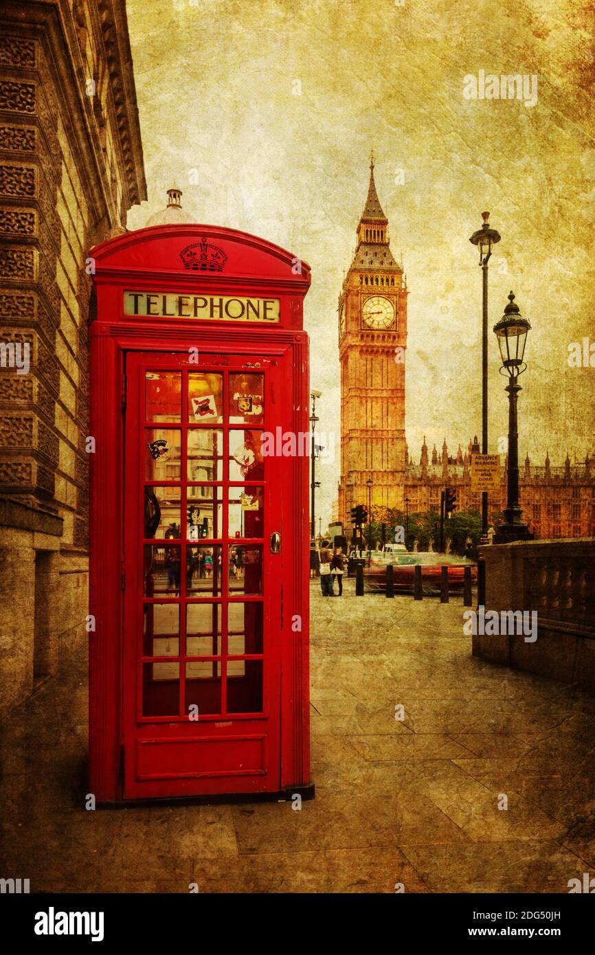 Vintage-Stil Bild von einer roten Telefonbox in London Mit dem Big Ben im Hintergrund Stockfoto