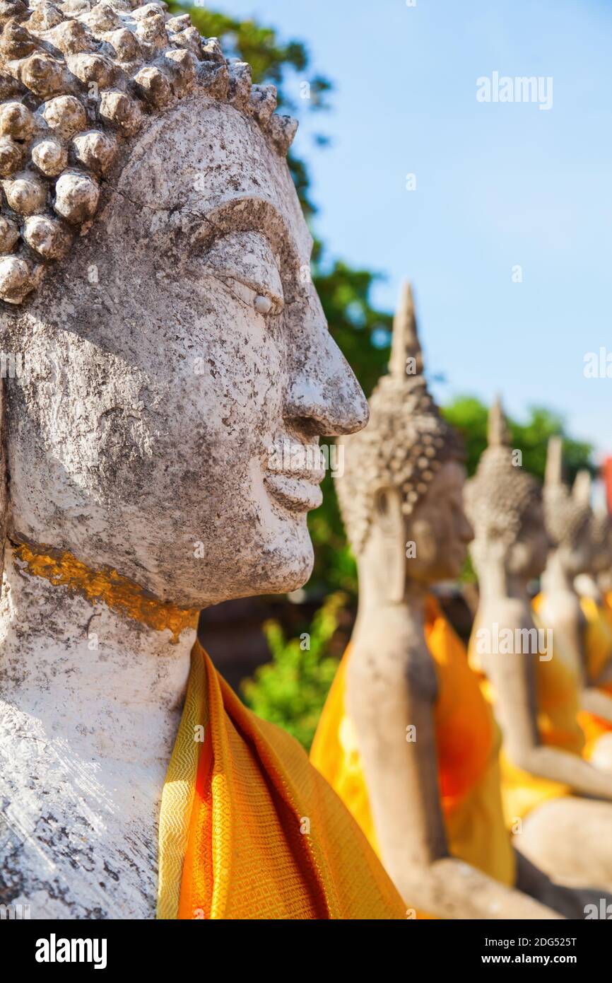 Reihe von Buddha-Skulpturen im Wat Yai Chai Mongkon in Ayutthaya, Thailand Stockfoto