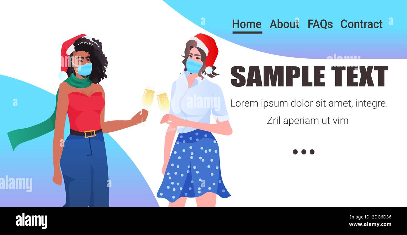 Mix Rennen Frauen in Masken trinken Champagner Neujahr Party weihnachten Feiertage Feier Konzept Portrait kopieren Raum horizontal Vektor Illustration Stock Vektor