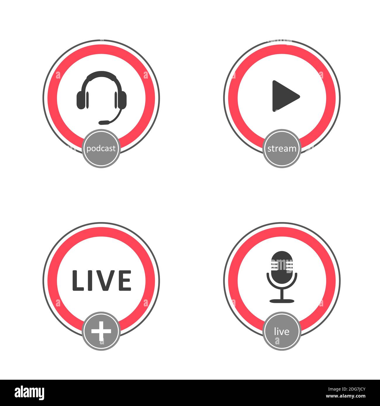 Podcast-Logosatz. Symbole und Tasten für Live-Streaming, Rundfunk. Stock Vektor
