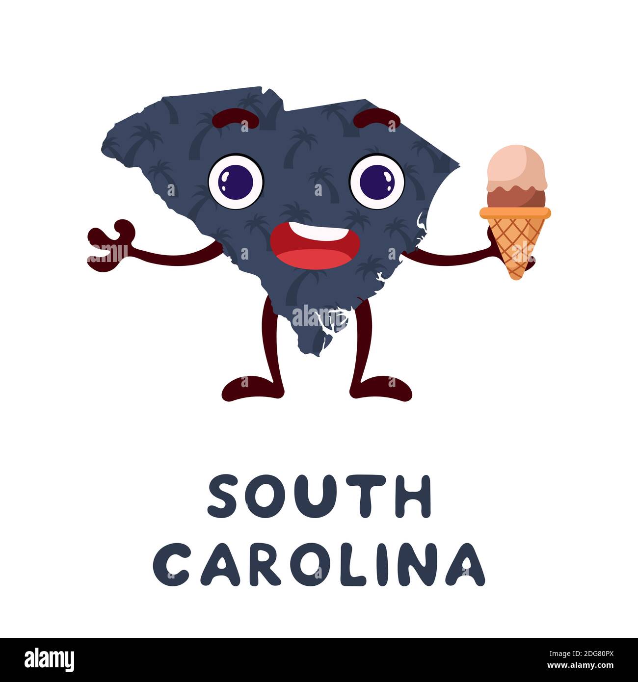 Niedliche Karikatur South Carolina Staat Charakter Cliparts. Illustrierte Karte des Bundesstaates South Carolina der USA mit Staatsname. Lustige Charakter-Design für Kinder Stock Vektor