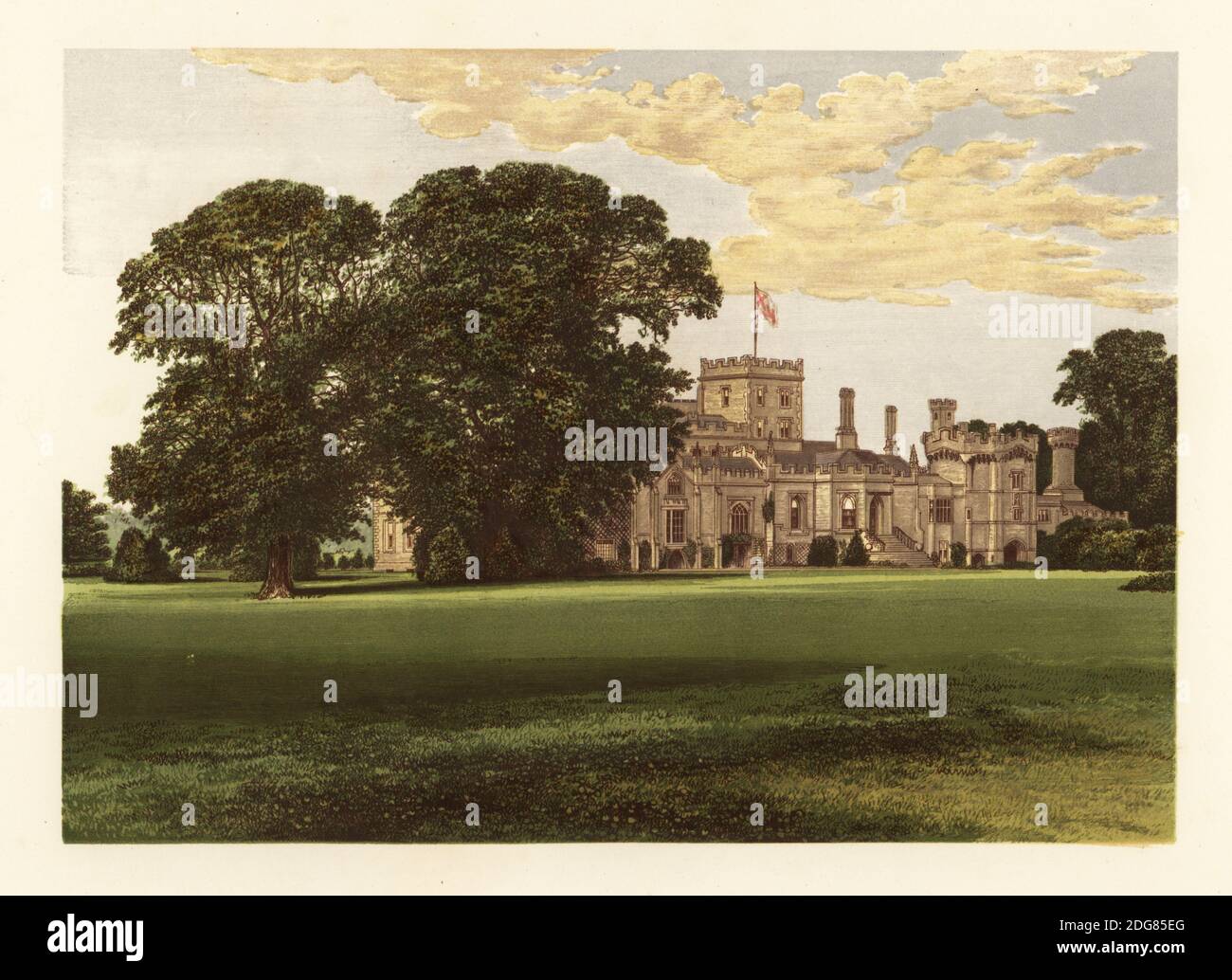 Elton Hall, Northamptonshire, England. Kastellhaus mit einem normannischen Turm und einer alten Kapelle. Heimat von Sir Granville Leveson Prosby, Earl of Carysfort. Farbholzschnitt von Benjamin Fawcett im Baxter-Prozess einer Illustration von Alexander Francis Lydon aus Reverend Francis Orpen Morris A Series of picturesque views of the Seats of Noblemen and Gentlemen of Great Britain and Ireland, William Mackenzie, London, 1870. Stockfoto