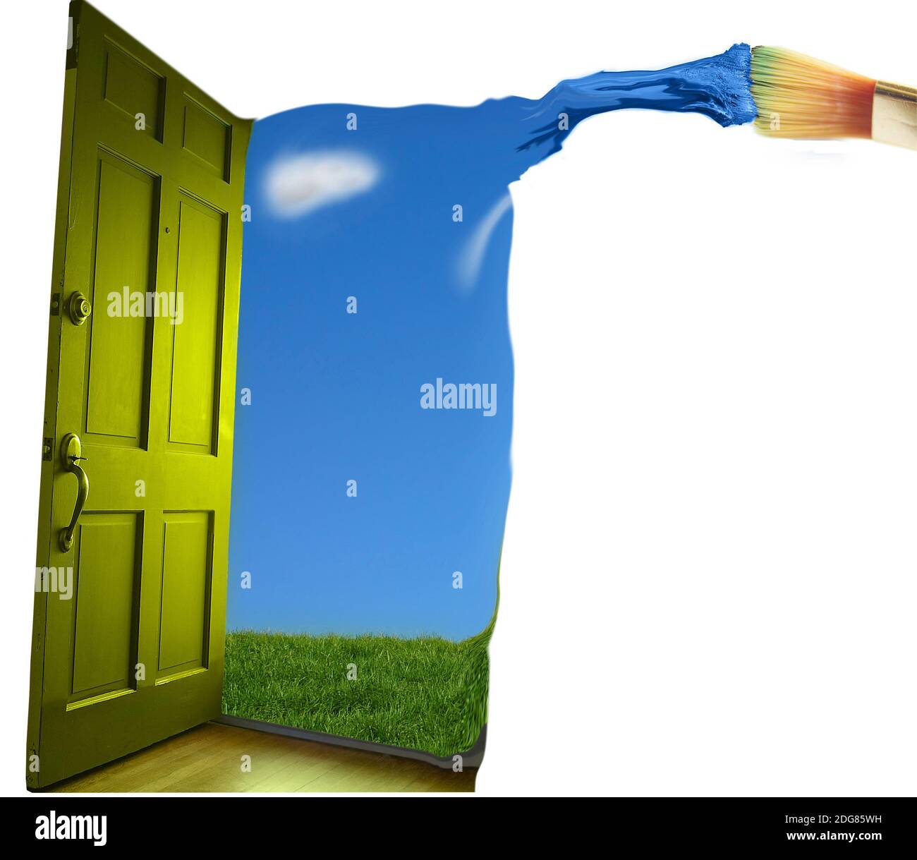 Tür öffnet sich zum blauen Himmel Stockfoto