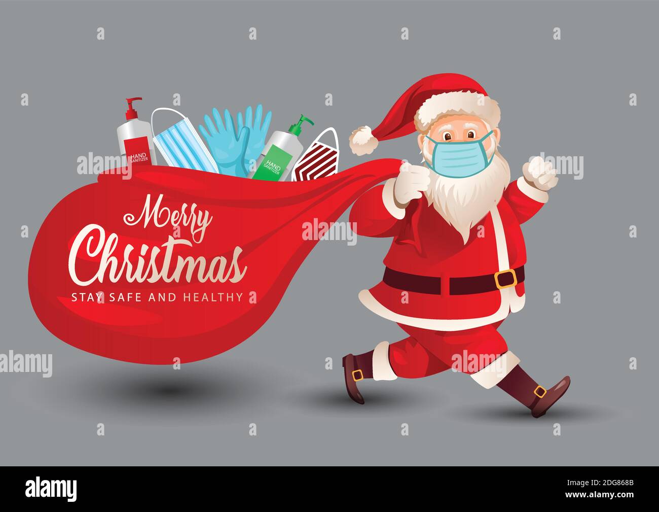 frohe weihnachten, Santa claus geht tragen Gesichtsmaske in mit einem Desinfektionsmittel, Maske und Handschuhe in der Tasche. Covid-19, Coronavirus Konzept. vektor illustrati Stock Vektor