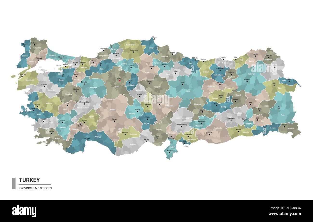 Türkei Higt Detailkarte mit Unterteilungen. Verwaltungskarte der Türkei mit Bezirken und Stadtnamen, farbig nach Staaten und Verwaltungsbezirk Stock Vektor