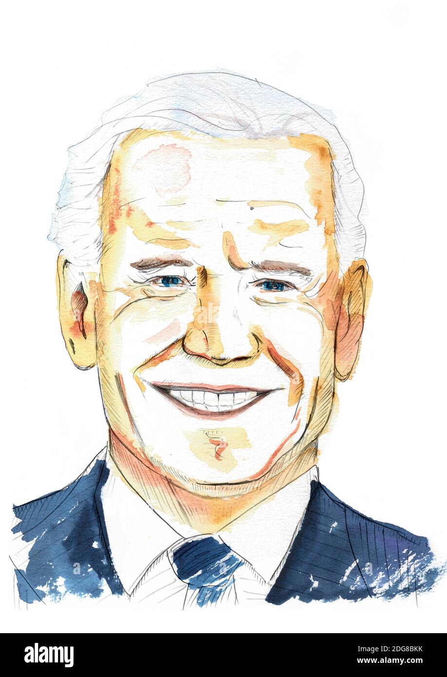 Madrid, Spanien - 8. Dezember 2020: Ein Aquarell- und Bleistiftportrait von Joe Biden, dem amerikanischen Präsidenten. Handgezeichnete Aquarellillustration auf weißem Hintergrund Stockfoto