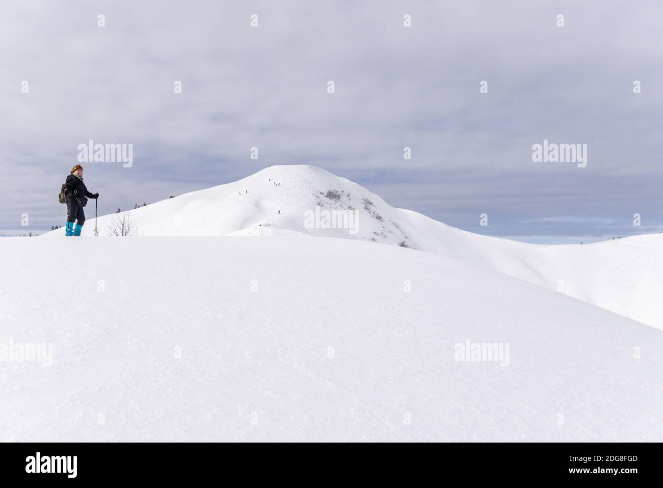 Ältere Frau ist Schneeschuhwandern in alpinen Schnee Winter Berge. Allgau, Bayern, Deutschland. Stockfoto