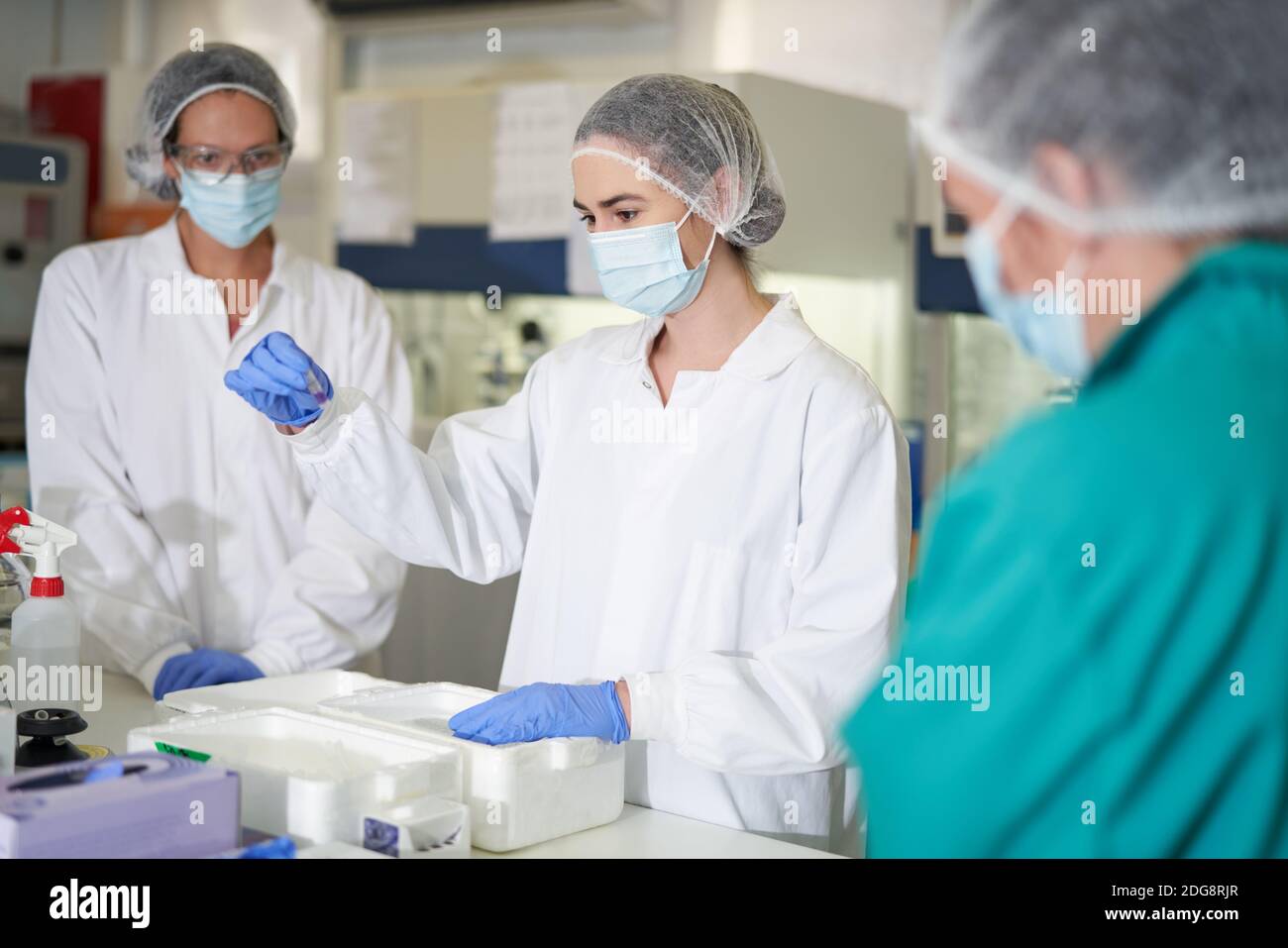 Wissenschaftlerinnen in Gesichtsmasken und schützende Arbeitskleidung im Labor Stockfoto