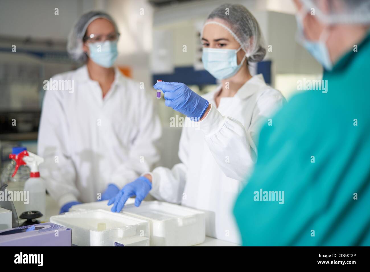 Wissenschaftlerinnen in schützender Arbeitskleidung, die Proben untersuchen Stockfoto