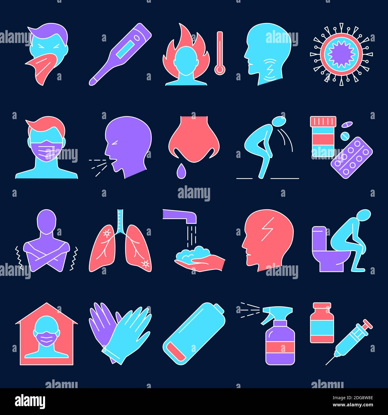 Symbol für Atemwegserkrankungen im Linienstil eingestellt. Sammlung von Grippe- und Coronavirus-Zeichen. Vektorgrafik. Stock Vektor