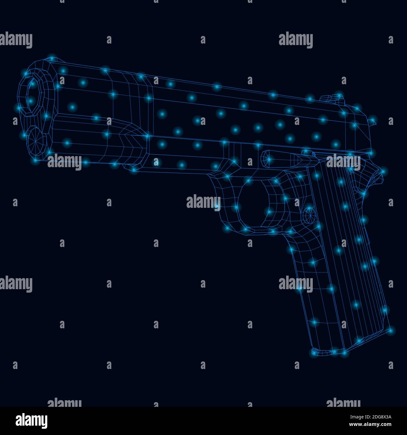 Drahtgestell einer Pistole aus blauen Linien auf dunklem Hintergrund mit leuchtenden Lichtern. 3D. Vektorgrafik. Stock Vektor
