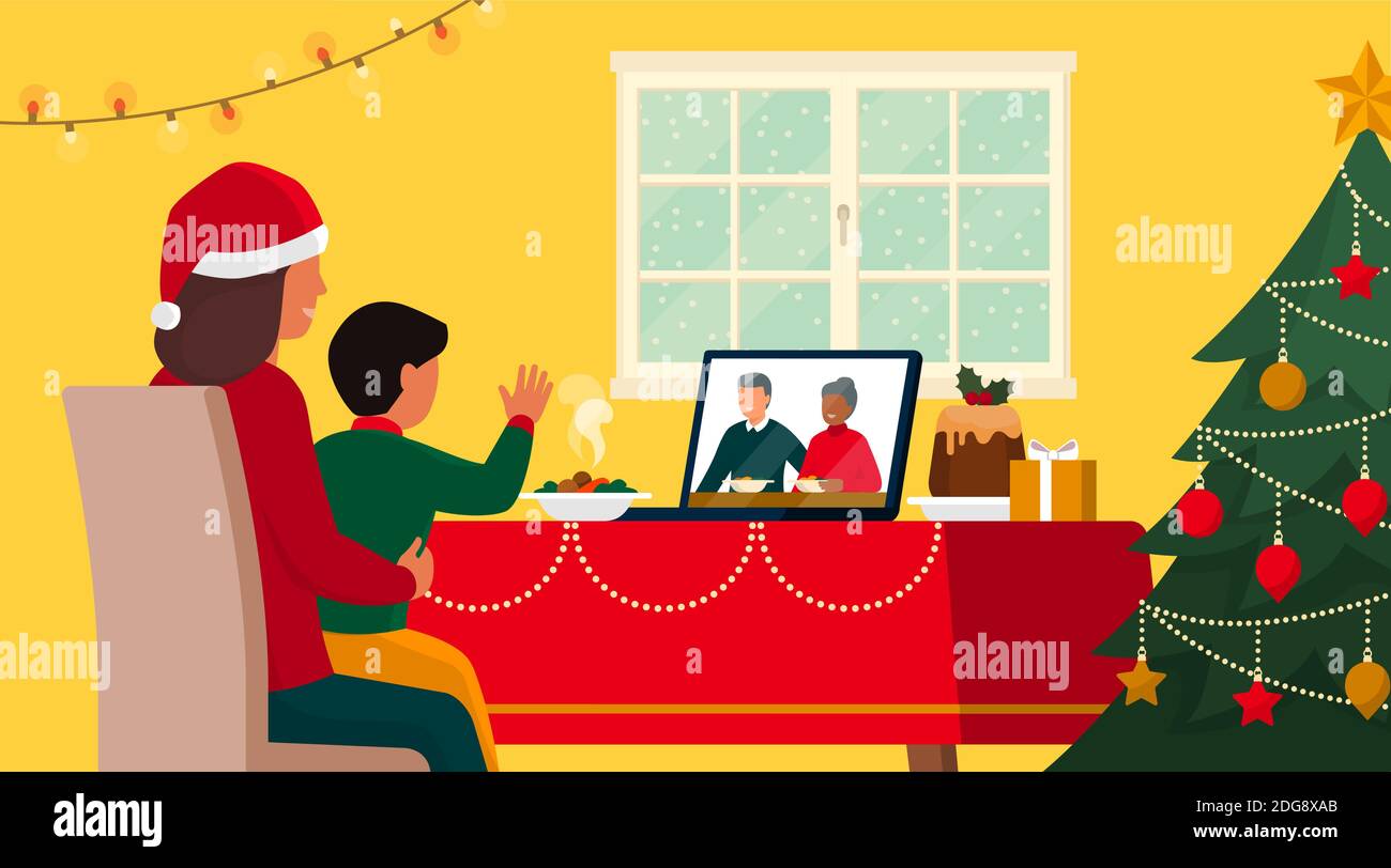 Familien, die zu Hause Weihnachten feiern und online per Videoanruf telefonieren, winkt das Kind den Großeltern auf dem Laptop-Bildschirm zu, während es dabei ist Stock Vektor