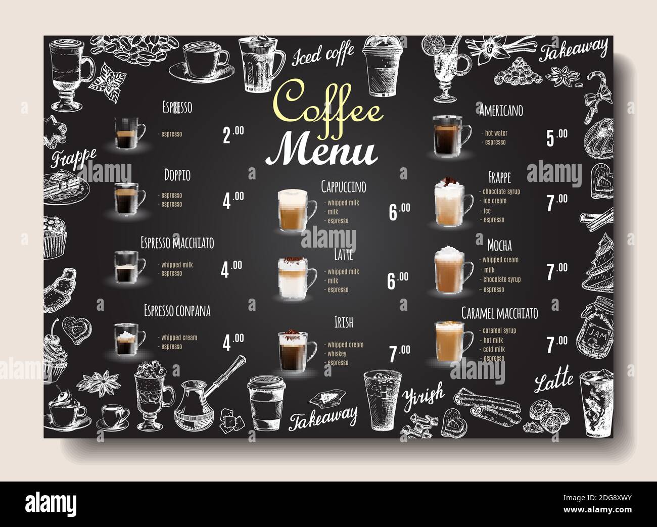 Kaffee Getränke Menü Preisliste auf Tafel für Café, Coffee Shop Vektor ...