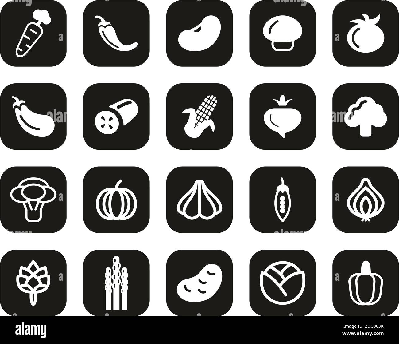 Gemüse Icons Weiß Auf Schwarz Flat Design Set Groß Stock Vektor