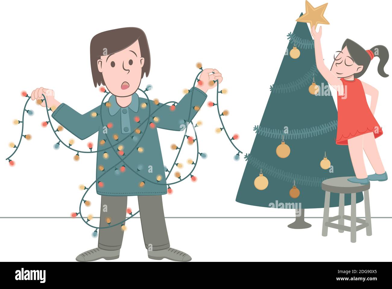 Retro-Stil Illustration eines Jungen, der in Weihnachtsbeleuchtung verwickelt wurde, als er den Weihnachtsbaum mit seiner Schwester dekorierte Stock Vektor