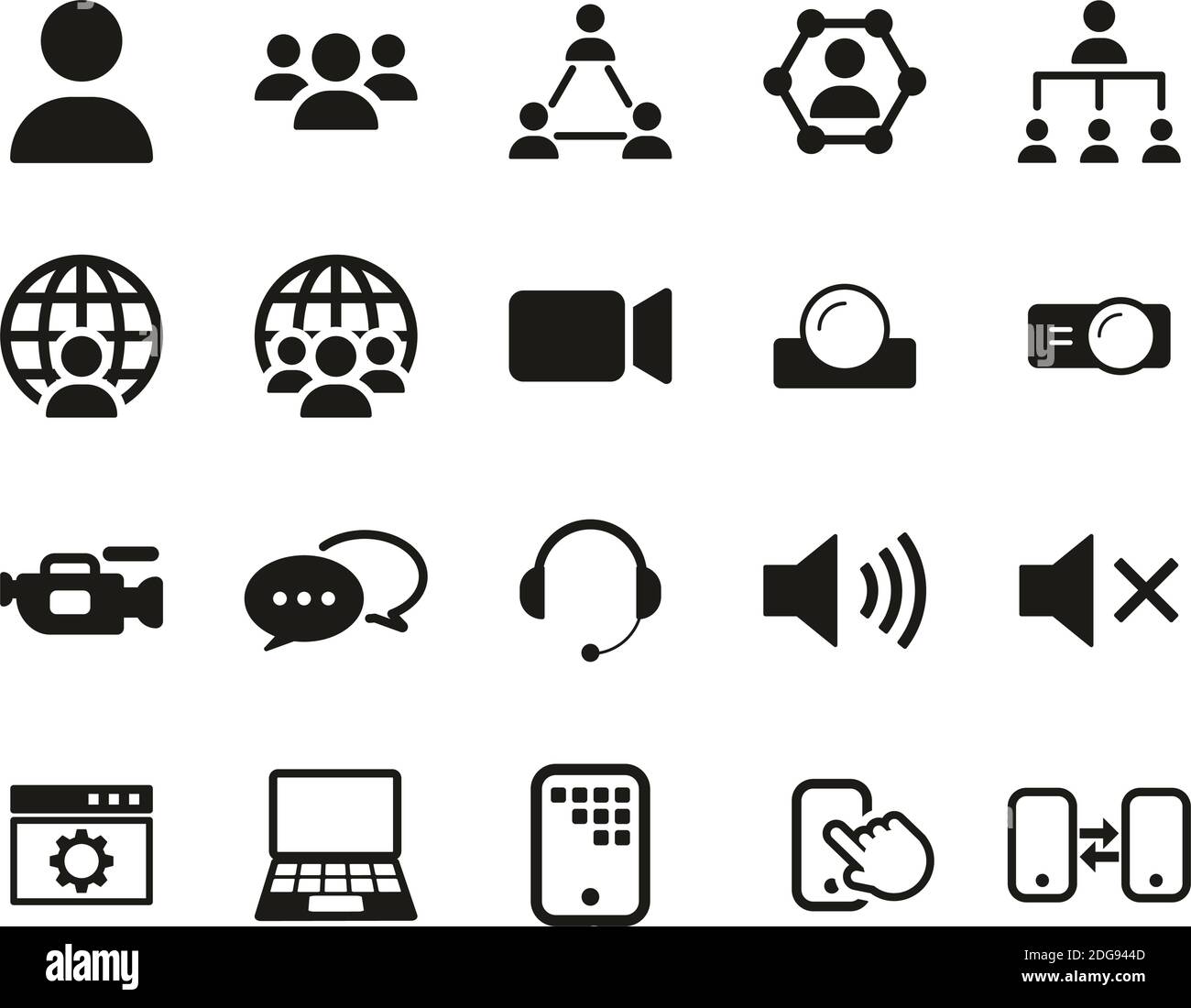 Videokonferenz-Symbole Schwarz-Weiß Set Groß Stock Vektor