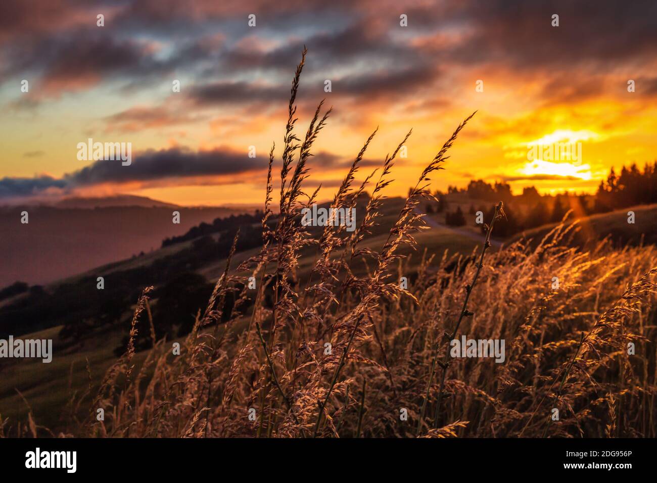 Goldener Sonnenuntergang mit wolkigen Himmel und Bergen Stockfoto