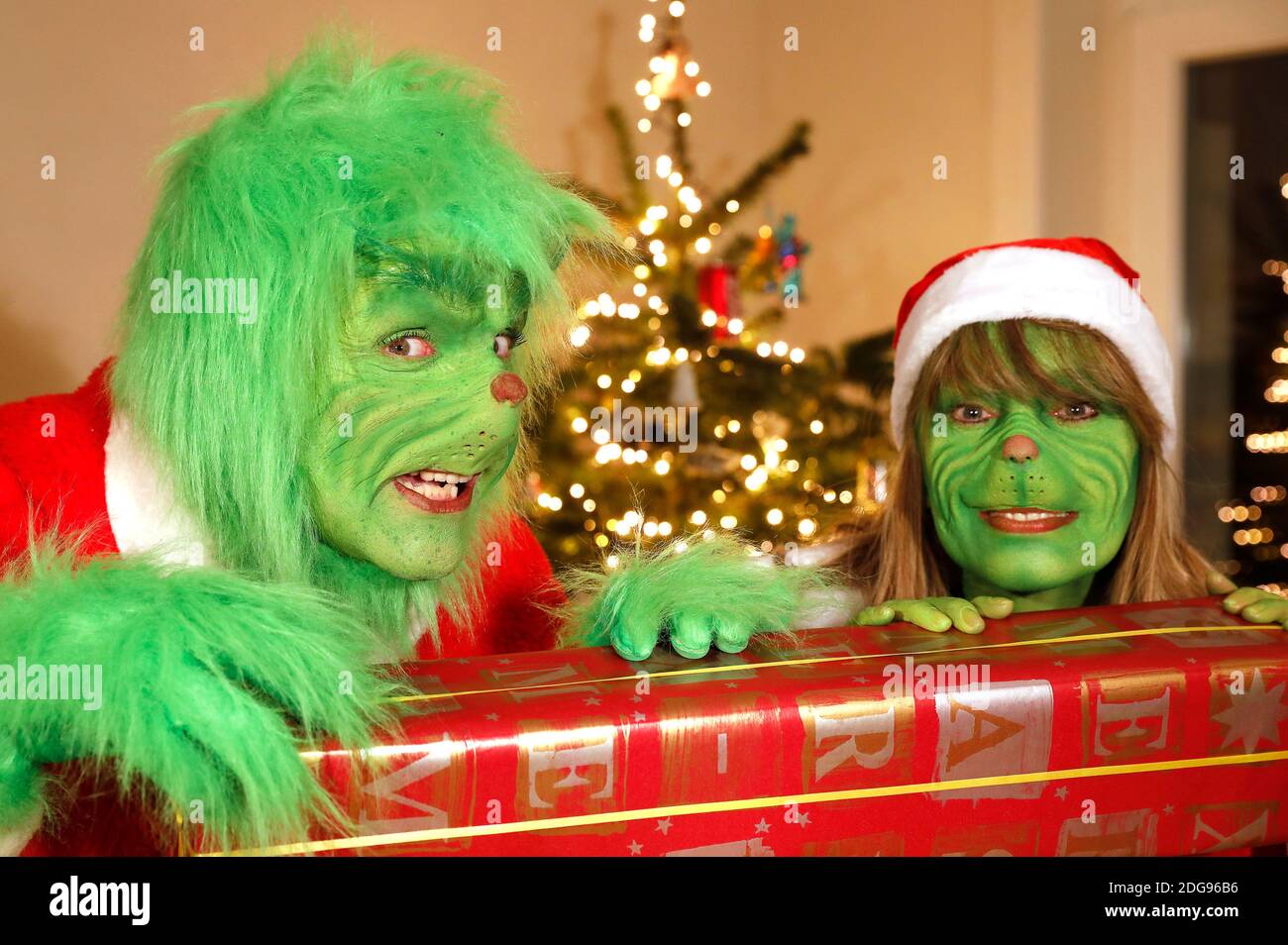 GEEK ART - Bodypainting und Transformaking: 'Der Grinch stiehlt Weihnachten' Fotoshooting mit Enrico Lein als Grinch und Maria Skupin als Frau Grinch in der Villa Czarnecki in Hameln am 7. Dezember 2020 - EIN Projekt des Fotografen Tschiponnique Skupin und des Bodypainters Enrico Lein Stockfoto