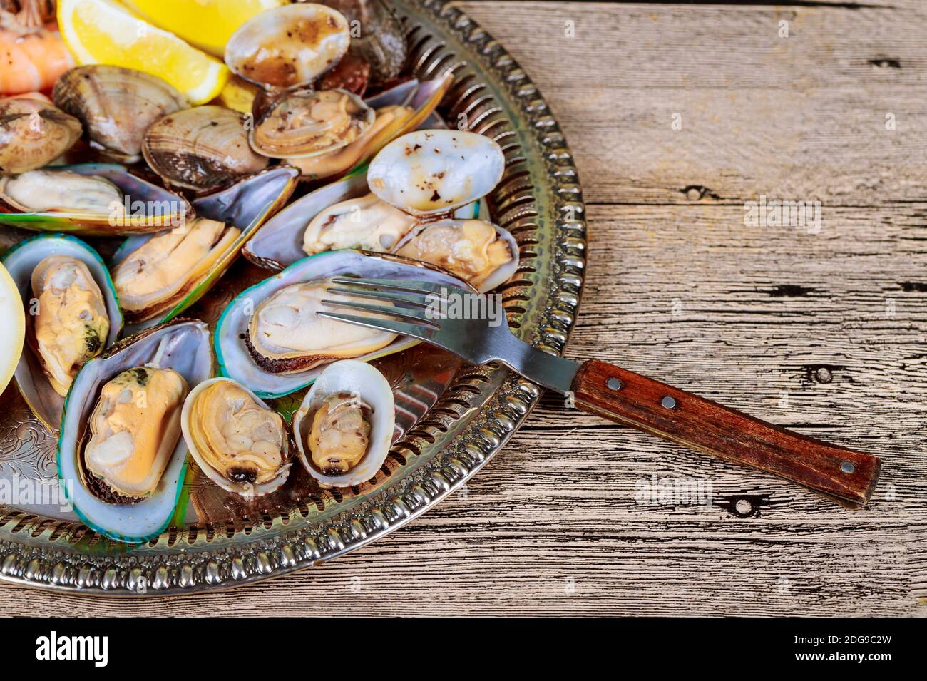 Muscheln gekocht und bereit zu essen Muscheln und Garnelen Zitrone In Sauce Stockfoto