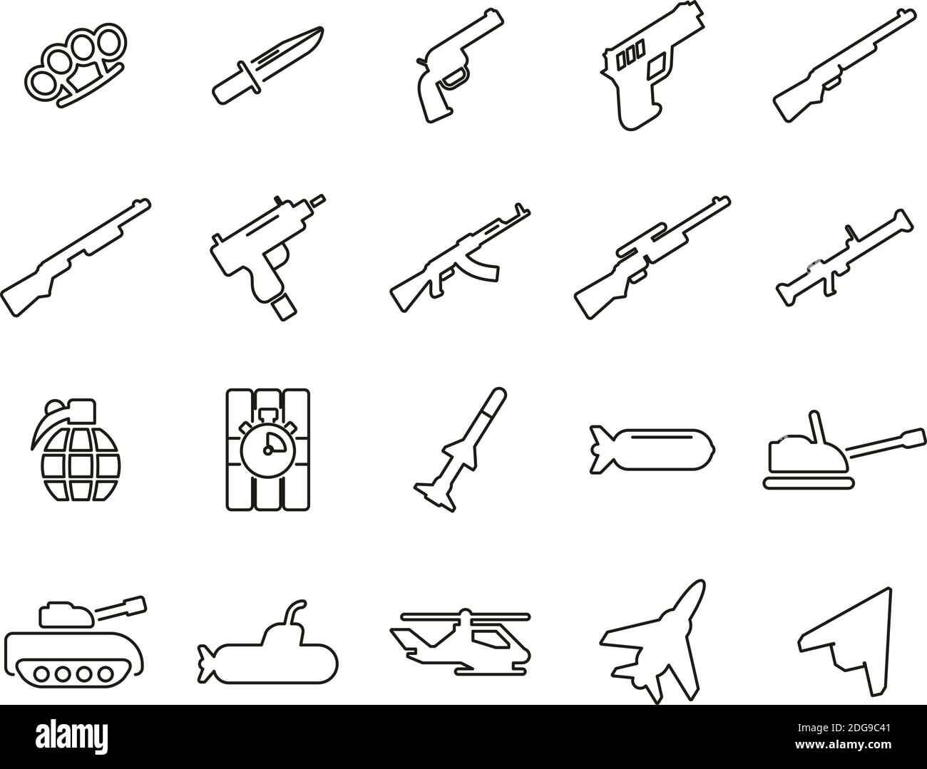Waffen Symbole Schwarz & Weiß Dünne Linie Set Groß Stock Vektor