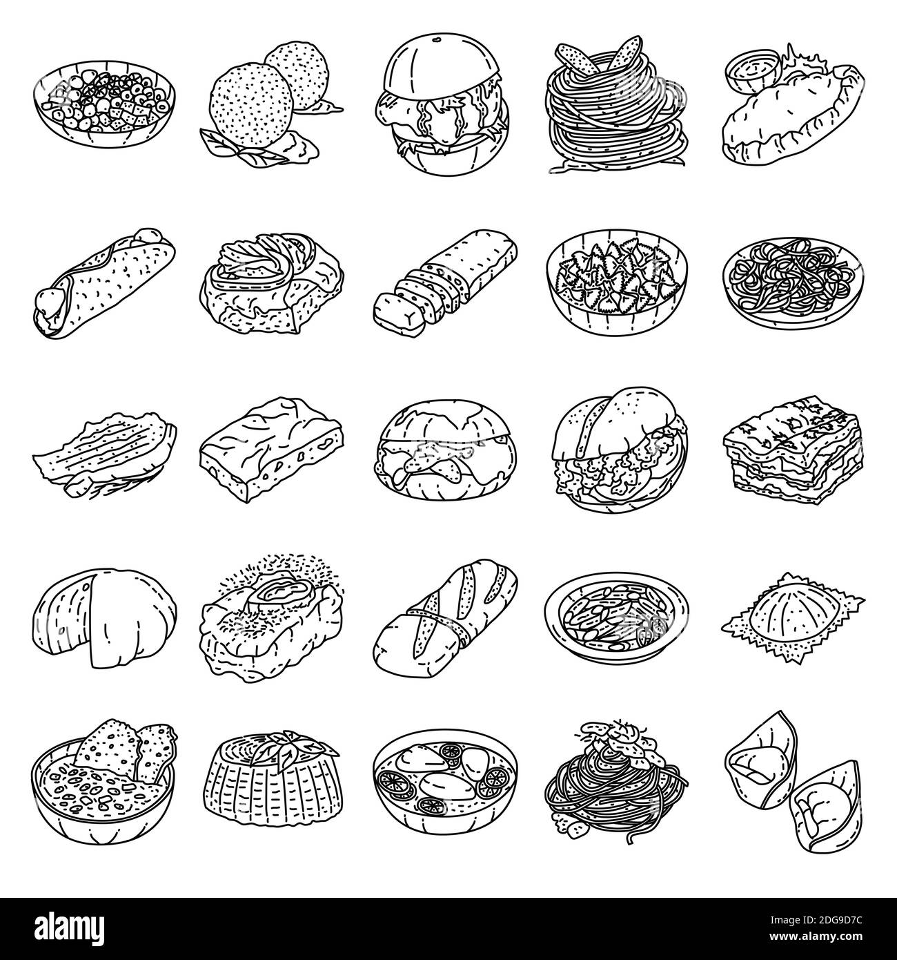 Italienische Lebensmittel-Set Symbol Vektor. Doodle Hand gezeichnet oder Umriss Symbol Stil Stock Vektor