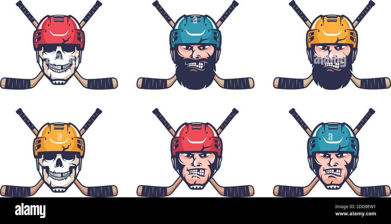 Hockey Retro-Logo. Hockeyspielerkopf im Helm Stock Vektor