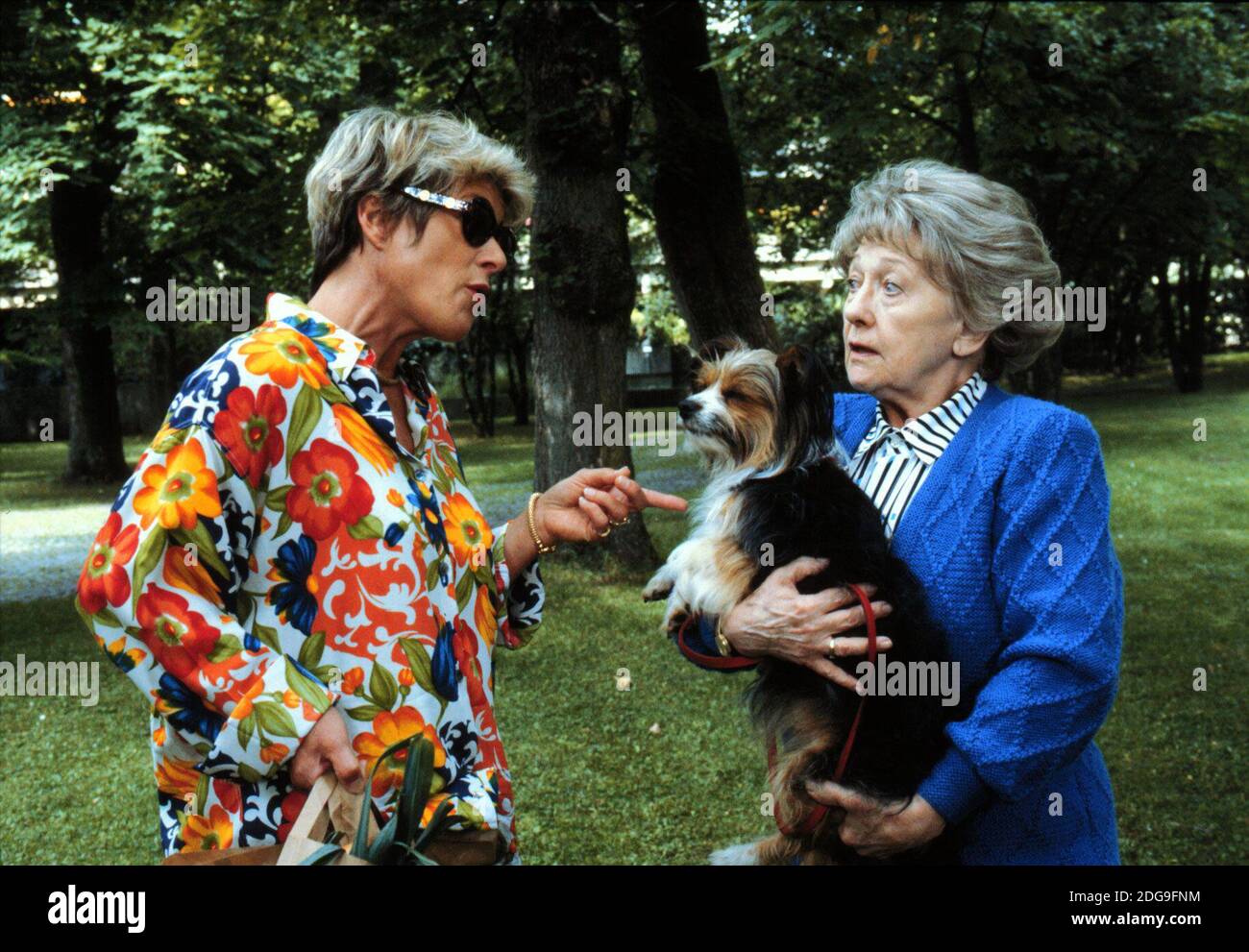 WIE WÜRDEN SIE ENTSCHEIDEN, ZDF-Geräte-Sendereihe, 1998, der Fall: Nach einem - nicht einstimmig - gefasten Eigentümerbeschluß dürfen in der Wohnanlage keine Hunde erhalten werden. Die Vermieterin will der netten alten Dame mit Hund folgen und geht vor Gericht. Szene mit ERNI SINGERL mit Hund und ROSWITHA DIERCK als Vermieterin. WIE WÜRDEN SIE ENTSCHEIDEN, ZDF TV Court Serie, 1998, der Fall: Die Vermieterin will deshalb die nette alte Dame mit Hund entlassen und geht vor Gericht, Szene mit ROSWITHA DIERCK und ERNI SINGERL mit kleinem Hund. Stockfoto