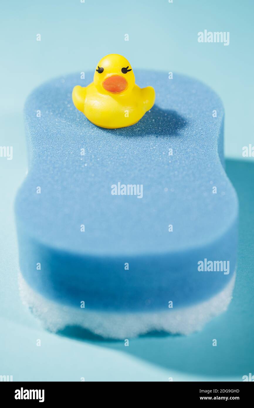 Kleine gelbe Gummiente auf blauem Badeschwamm, auf blauem Hintergrund, Reinigungs- und Badekonzept, vertikal Stockfoto