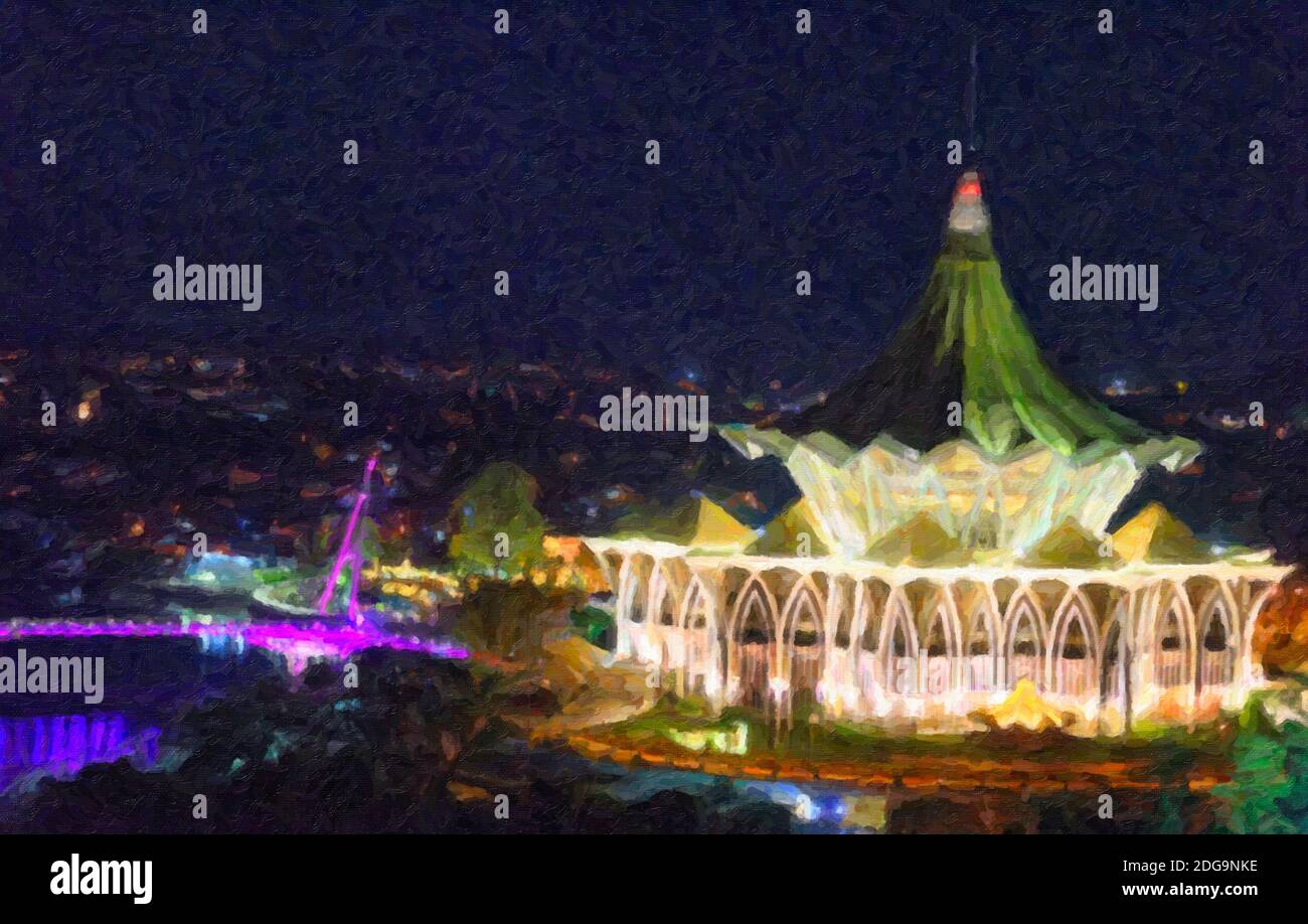 Digitale impasto Malerei Wirkung des Staates Legislative Gebäude und Darul Hana Brücke auf dem Sarawak Fluss, Kuching, Malaysia Stockfoto