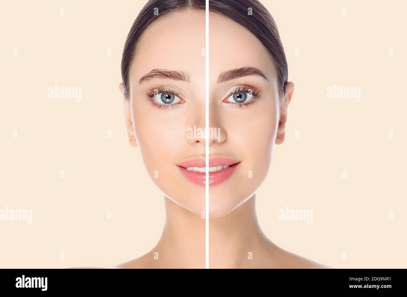 Weibliches Gesicht vor und nach dem Färben und Styling Augenbrauen auf Beigefarbener Hintergrund Stockfoto