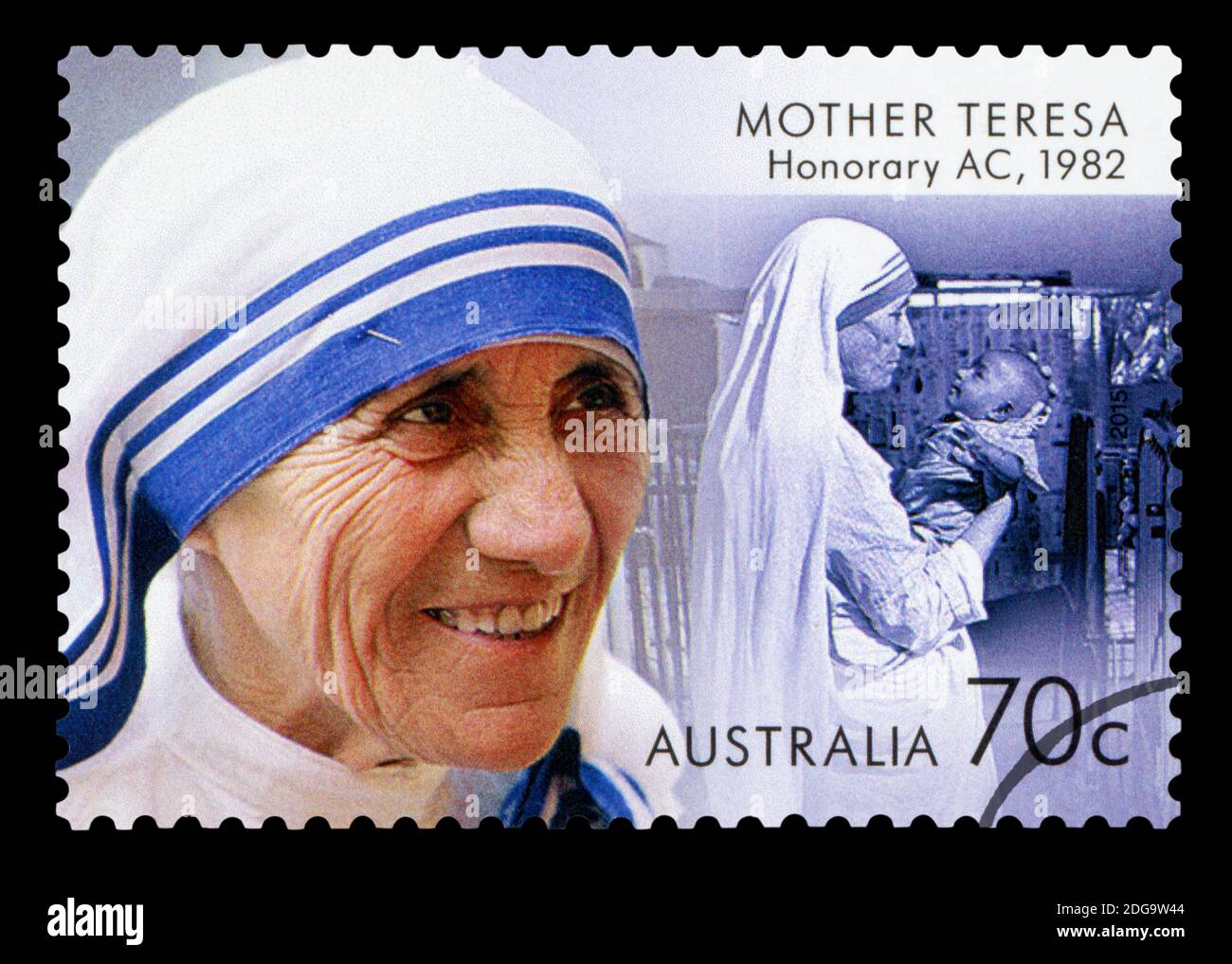AUSTRALIEN - UM 2015: Eine in Australien gedruckte Briefmarke mit einem Bild der Friedensnobelpreisträgerin Mutter Teresa, um 2015. Stockfoto