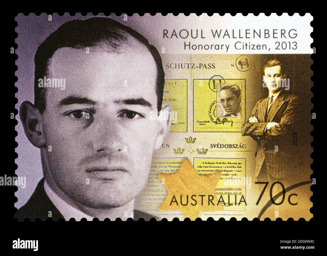 AUSTRALIEN - UM 2015: In Australien gedruckte Briefmarke mit einem Bild von Raoul Gustalf Wallenberg, um 2015. Stockfoto