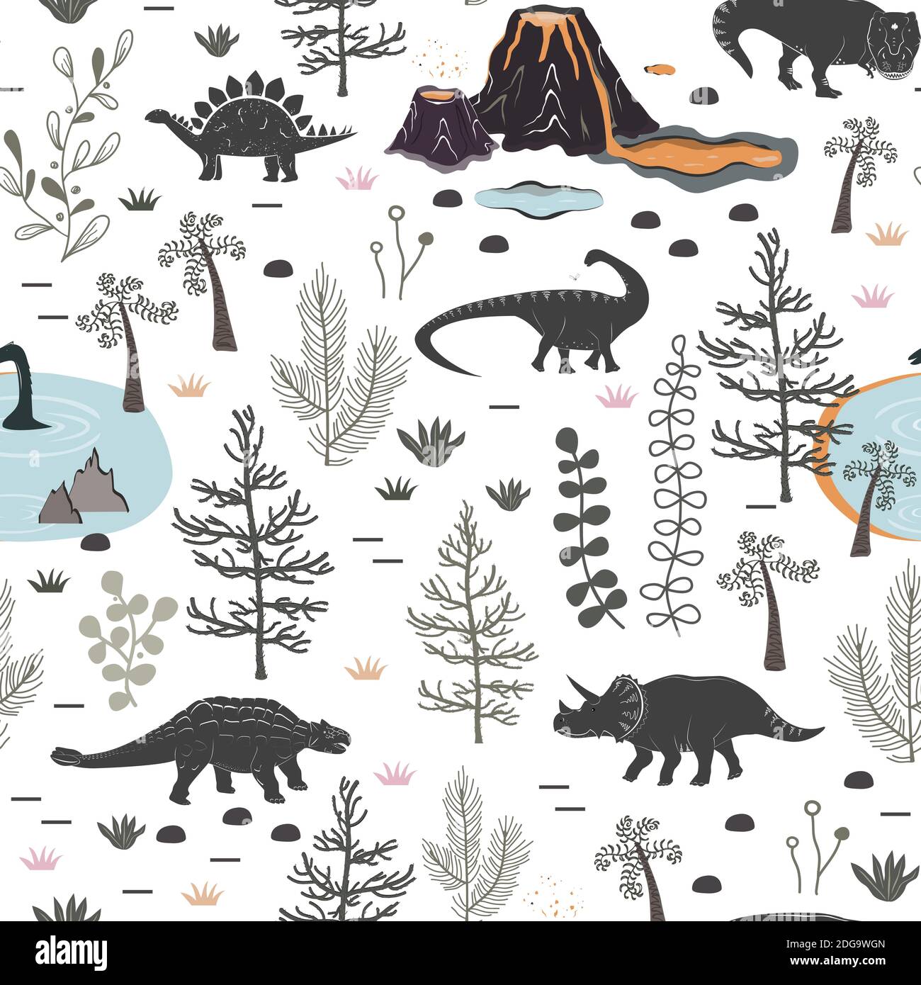 Vektor nahtlose Muster mit niedlichen verschiedenen Dinosaurier, Pflanzen und Vulkan. Cartoon Landschaft der Jurassic Periode mit Dino. Pastellstruktur für Kinder Stock Vektor