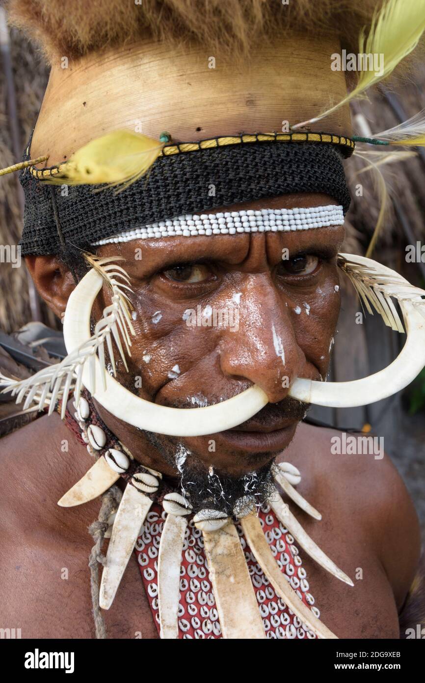 Baliem Valley, West Papua, Indonesien. Gesicht eines Dani-Stammesmannes Stockfoto