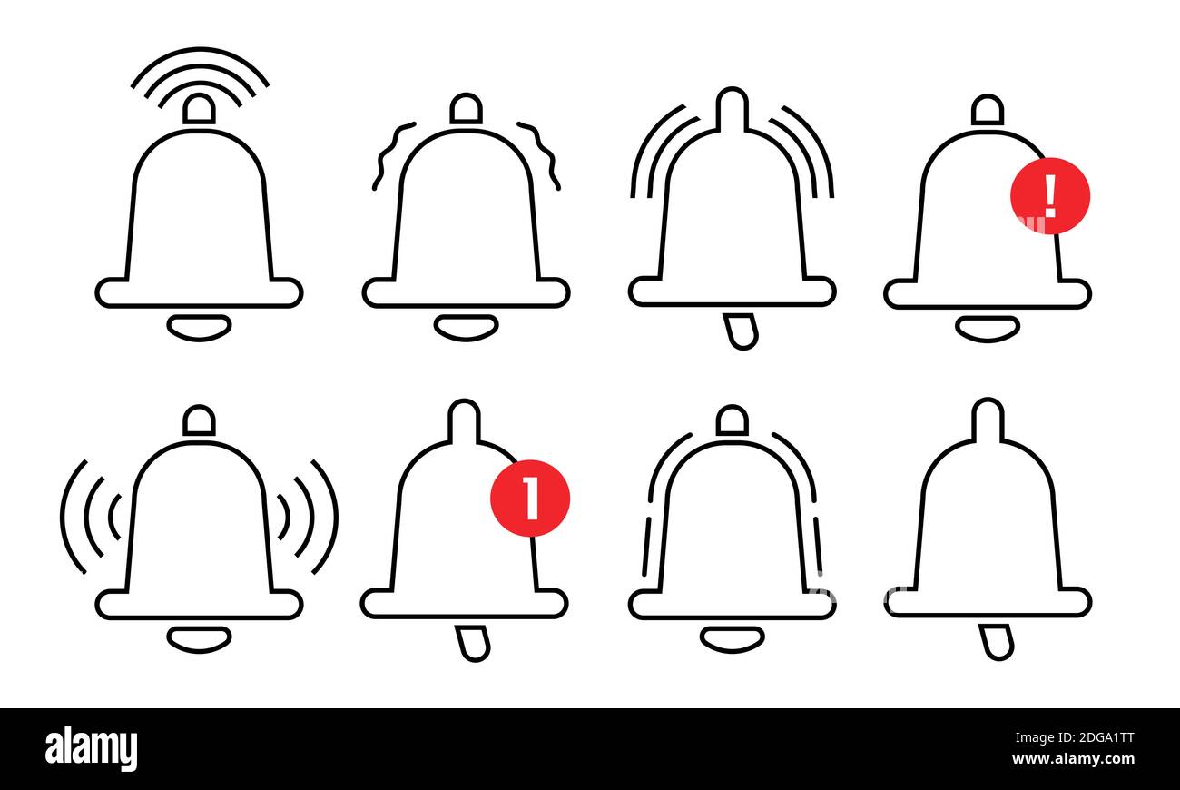 Benachrichtigungssymbole setzen Vektor in Umrissform. Vorzeichen der eingehenden Nachricht oder des E-Mail-Posteingangs. Klingelnde Glocke für Smartphone-App, Alarmmeldung. Rem Stock Vektor