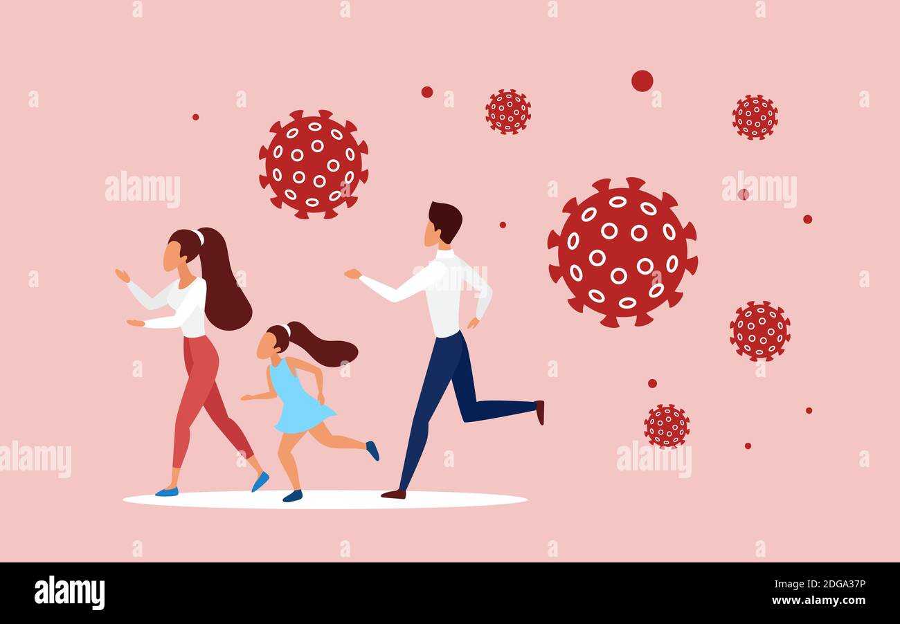 Familie Menschen laufen weg von Coronavirus Konzept Vektor Illustration. Cartoon Vater Mutter und Kind laufen, um vor fliegenden Corona-Virus-Zellen zu schützen, soziale Distanz Selbstisolierung während Quarantäne Stock Vektor