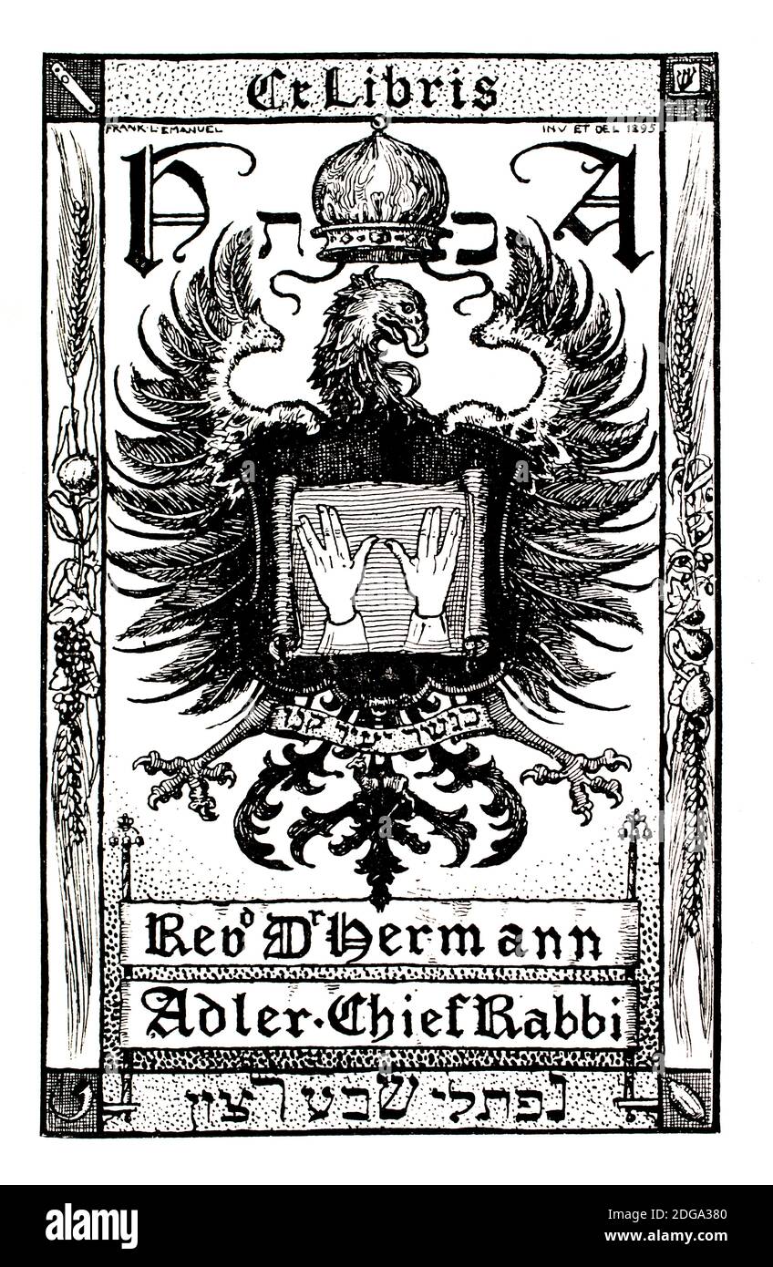 1895 Bookplate für Revd Dr. Hermann Adler, Oberrabbiner, von Frank L Emanuel aus dem Jahr 1896 das Studio ein Illustriertes Magazin für Kunst und angewandte Kunst Stockfoto